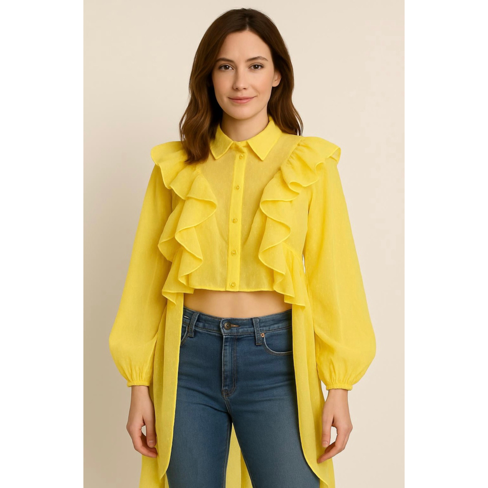 Womens HIGHLIGHT Yellow Ruffle Long Puff Sleeve Lg Tail Top Sm Romantic Ethereal